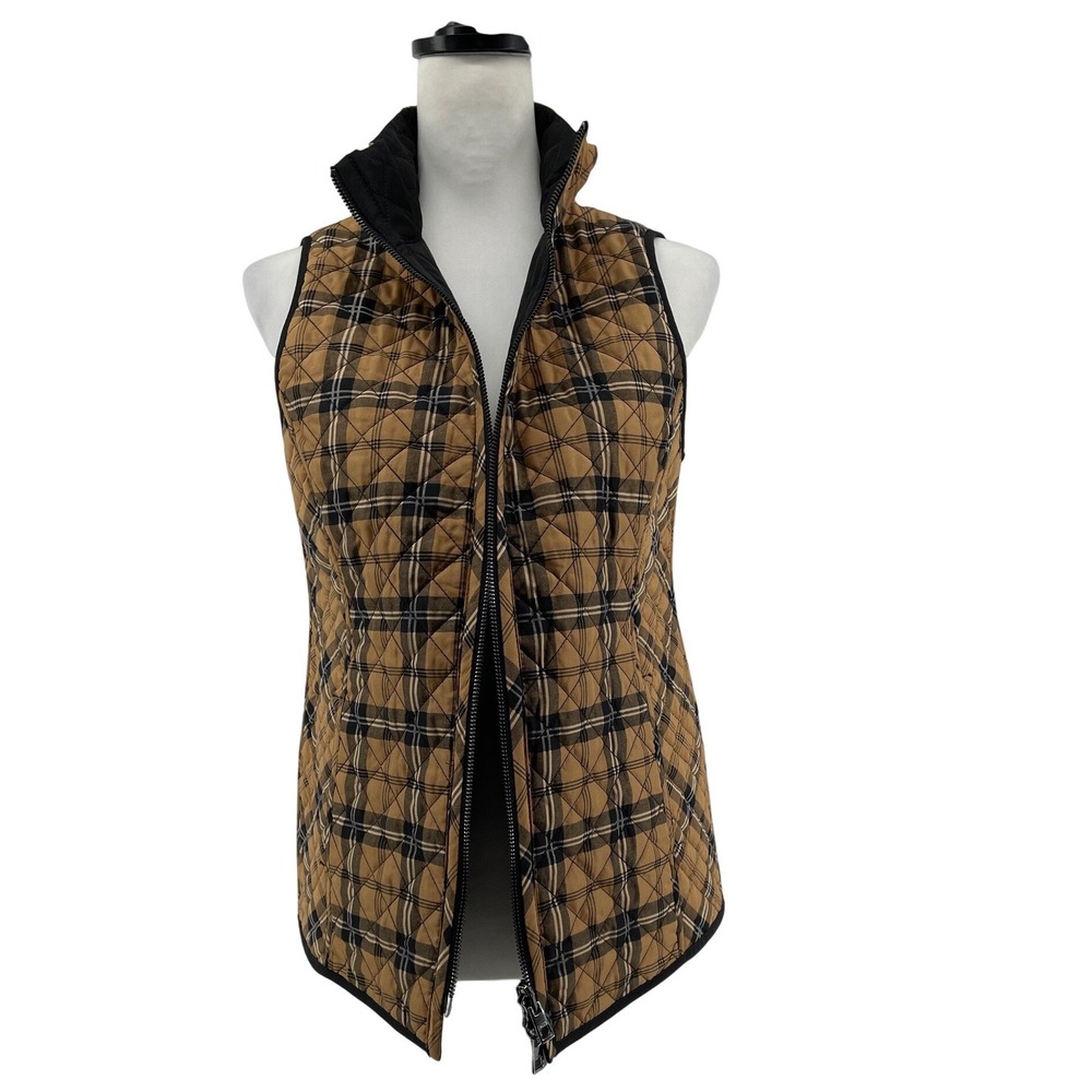 Chico's Quilted Vest Women Size 0 (4/6) Black Reversible Yellow‎ Plaid Mock Neck